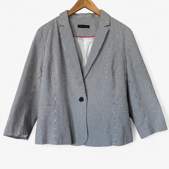 British Khaki Navy Blue and White Striped 100% Cotton Seersucker Blazer Preppy - Picture 1 of 9